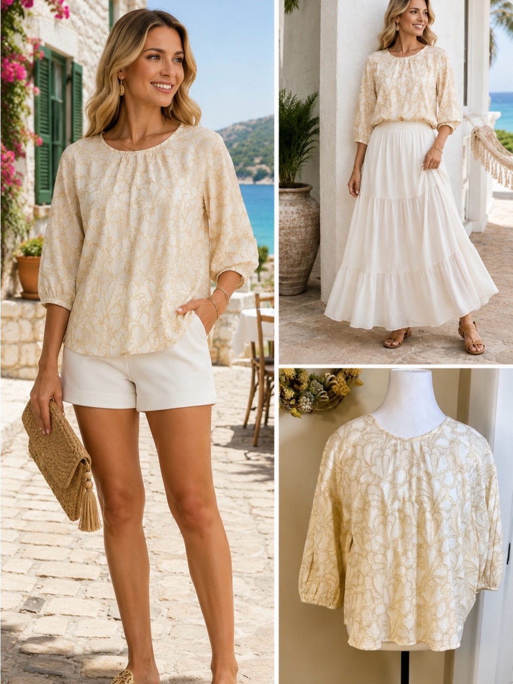 NWT NSR Metallic Gold Embroidered Blouse Cream Scoop Neck Elastic Sleeve Sz M💚